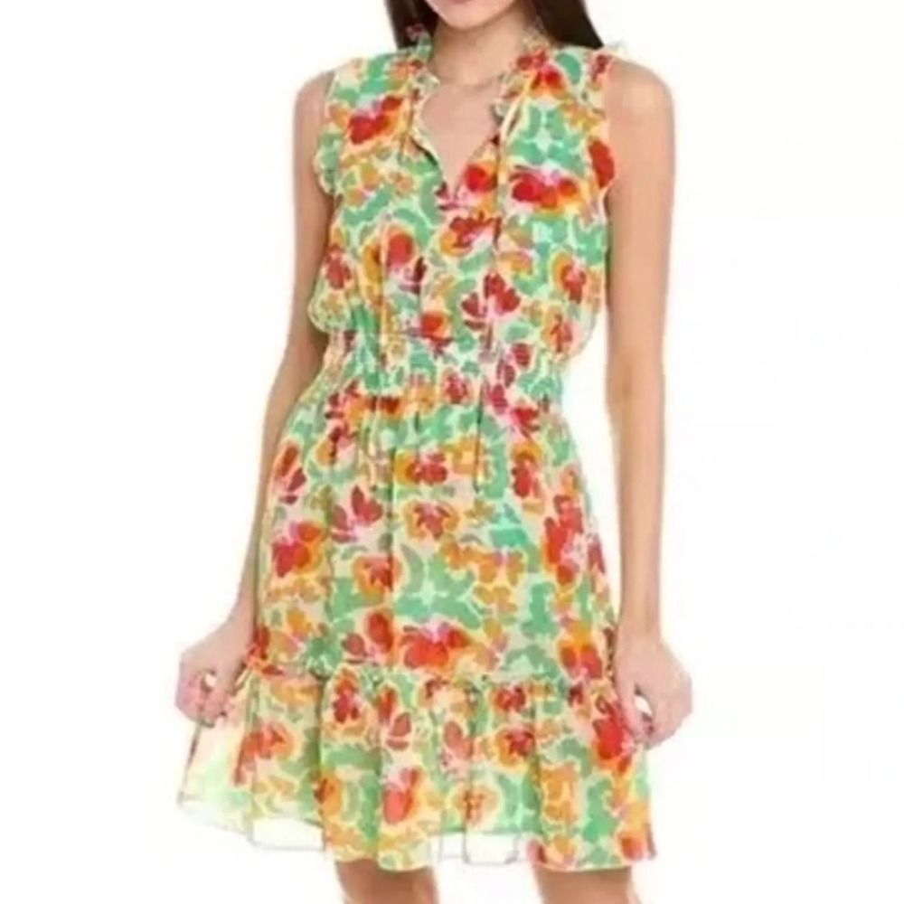Cabi Spirit Dress 6216 Colorful Floral Chiffon Smocked Waist Ruffle‎ Size Small
